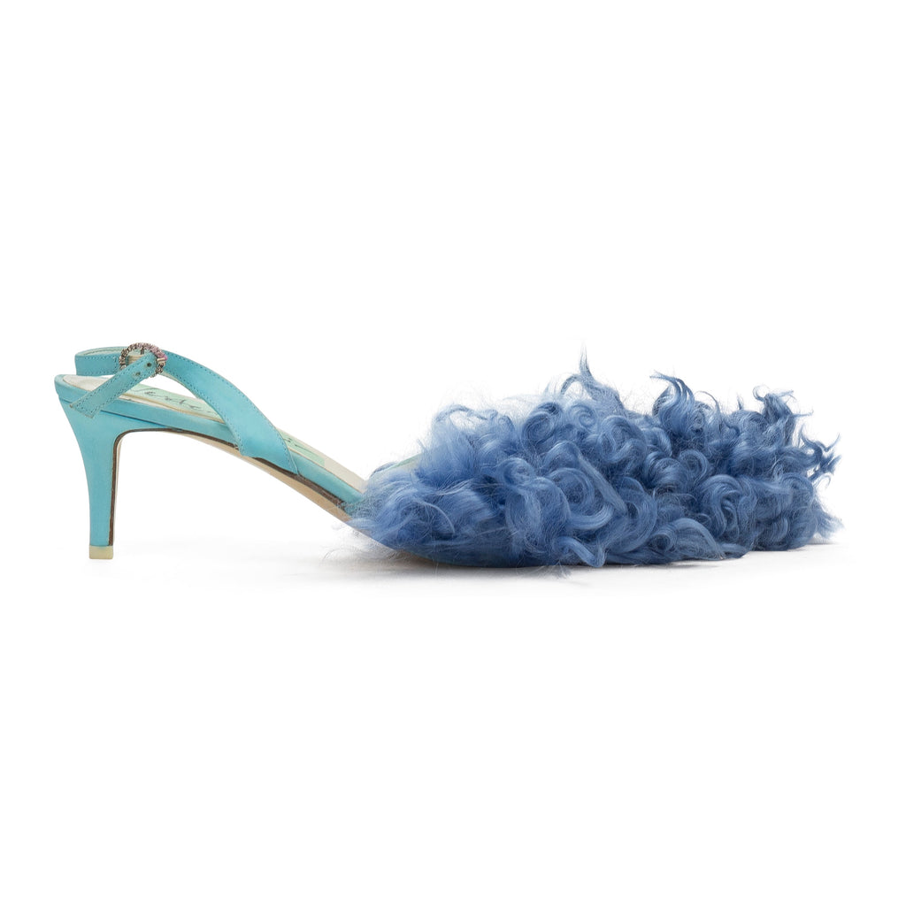 CURLY SHEARLING BLUE HEELS