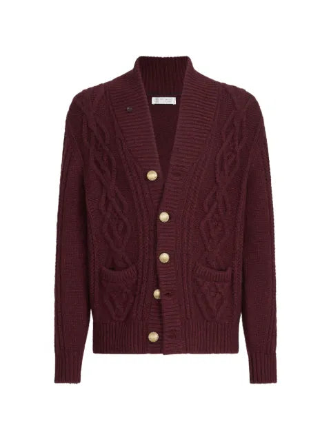 Brunello Cucinelli cashmere feather-yarn cable-knit cardigan with metal buttons