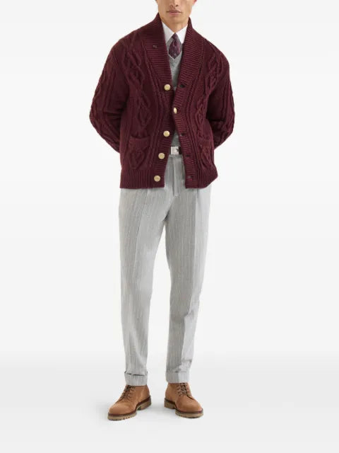 Brunello Cucinelli cashmere feather-yarn cable-knit cardigan with metal buttons