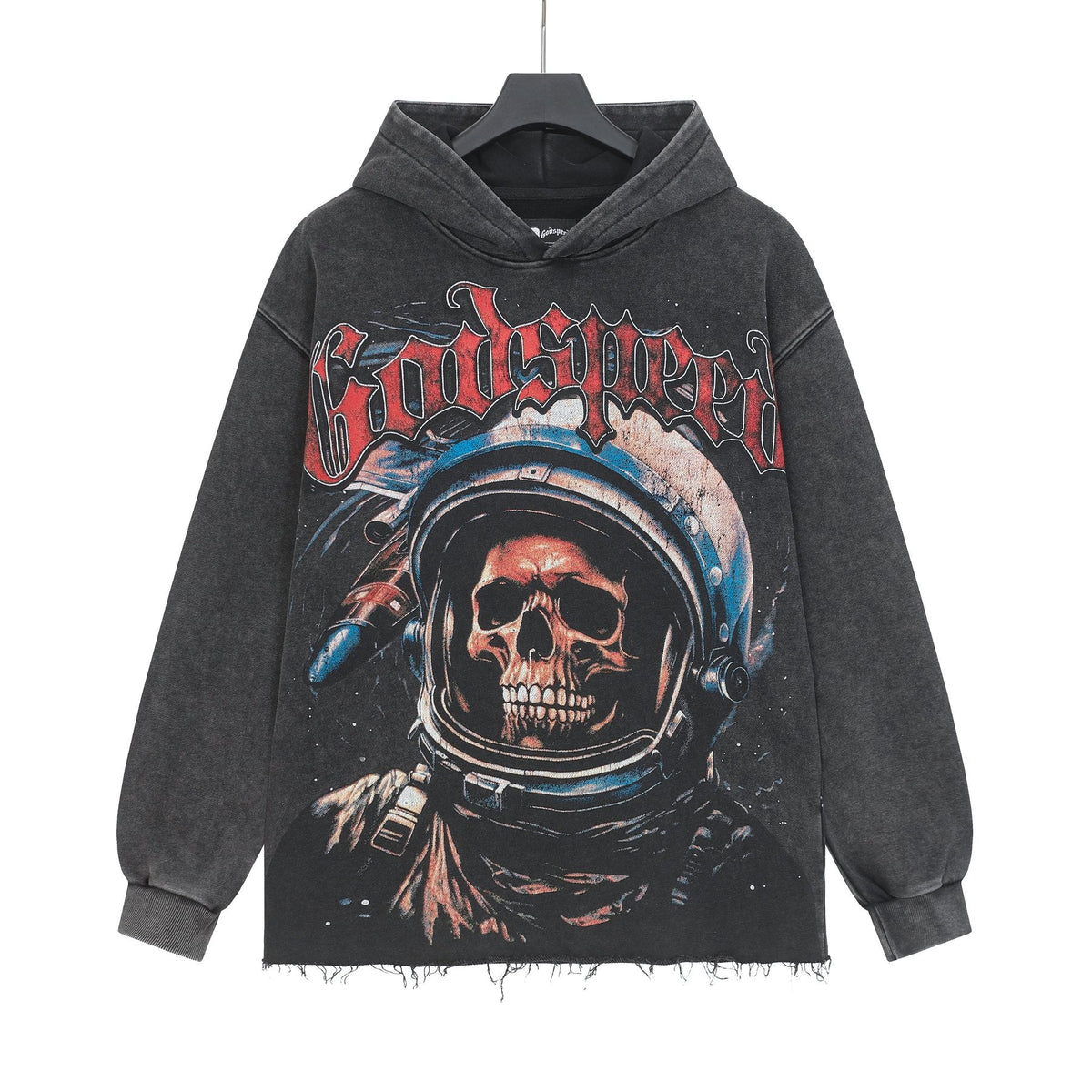 Godspeed Astronaut Skull Graphic Washed Raw Hem Hoodie