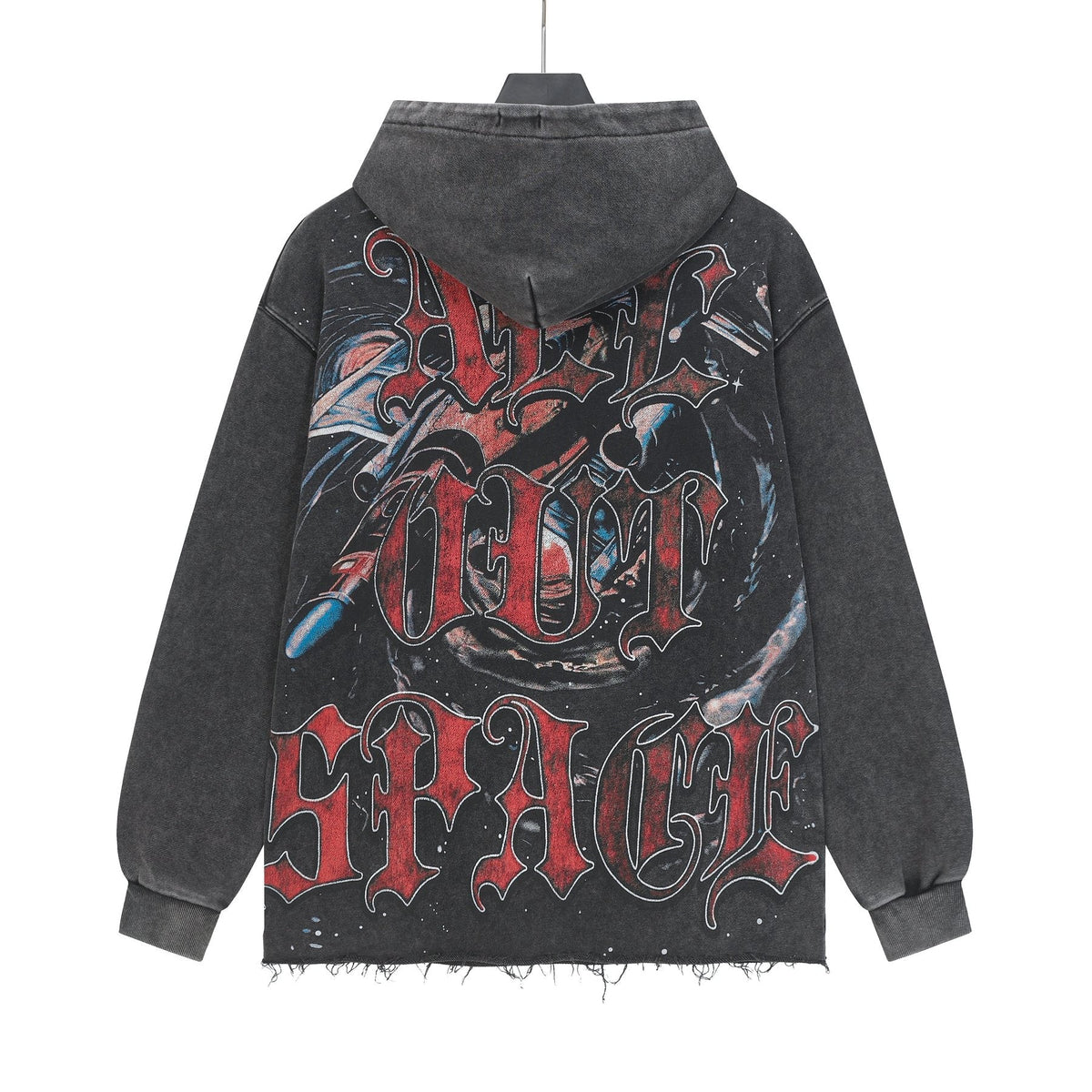 Godspeed Astronaut Skull Graphic Washed Raw Hem Hoodie