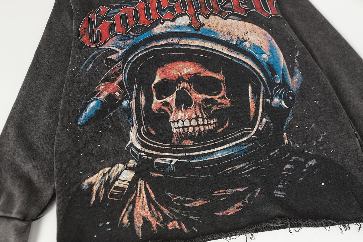 Godspeed Astronaut Skull Graphic Washed Raw Hem Hoodie