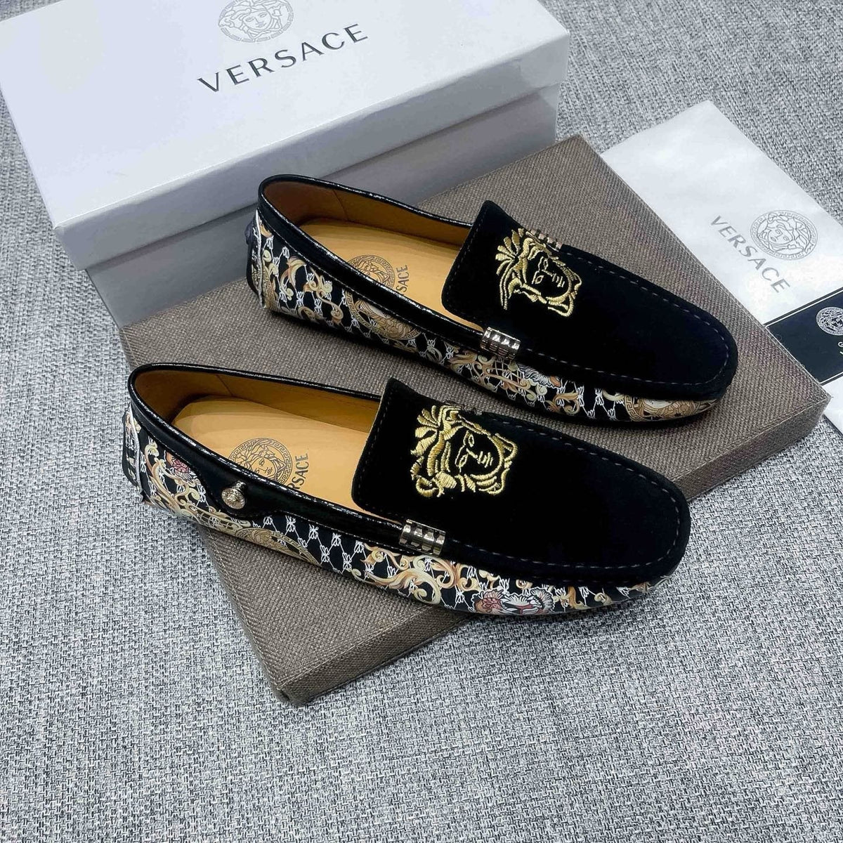 Versace Men's Black Patterned Side Loafers