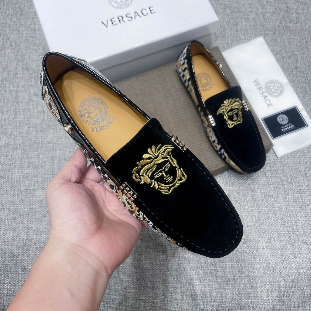 Versace Men's Black Patterned Side Loafers