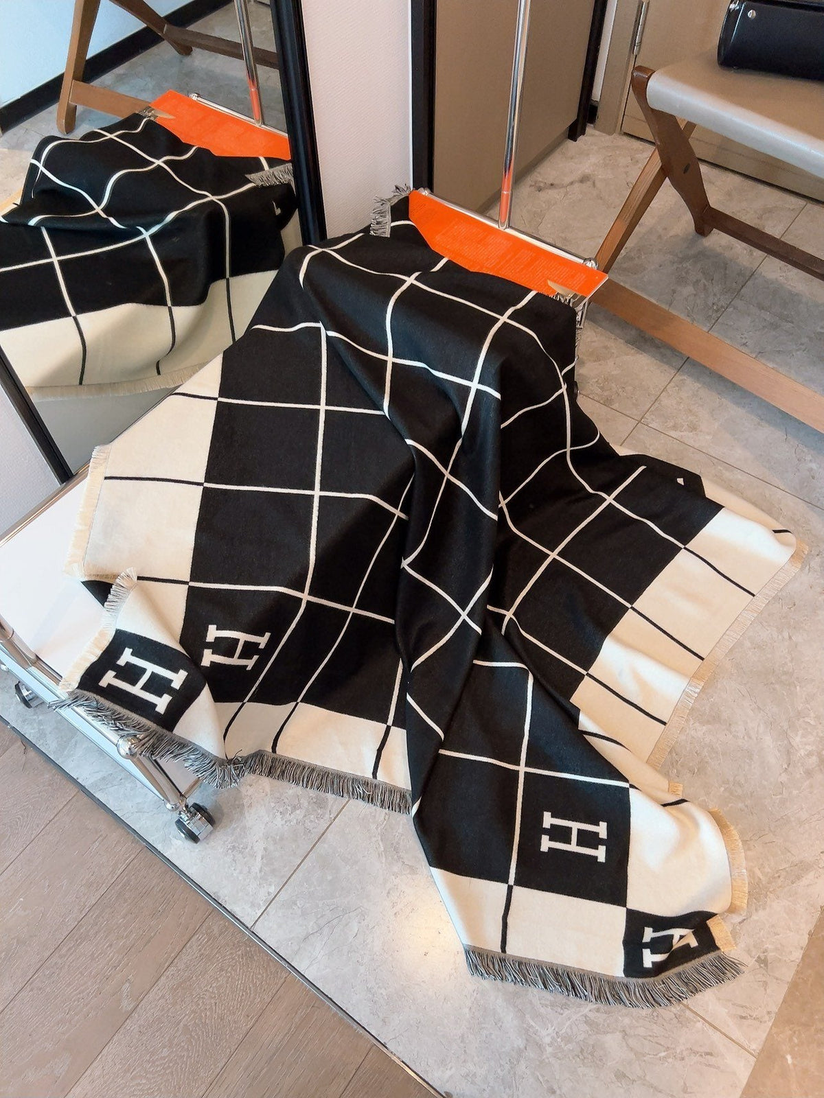 Hermès Black & Cream Grid Square Scarf