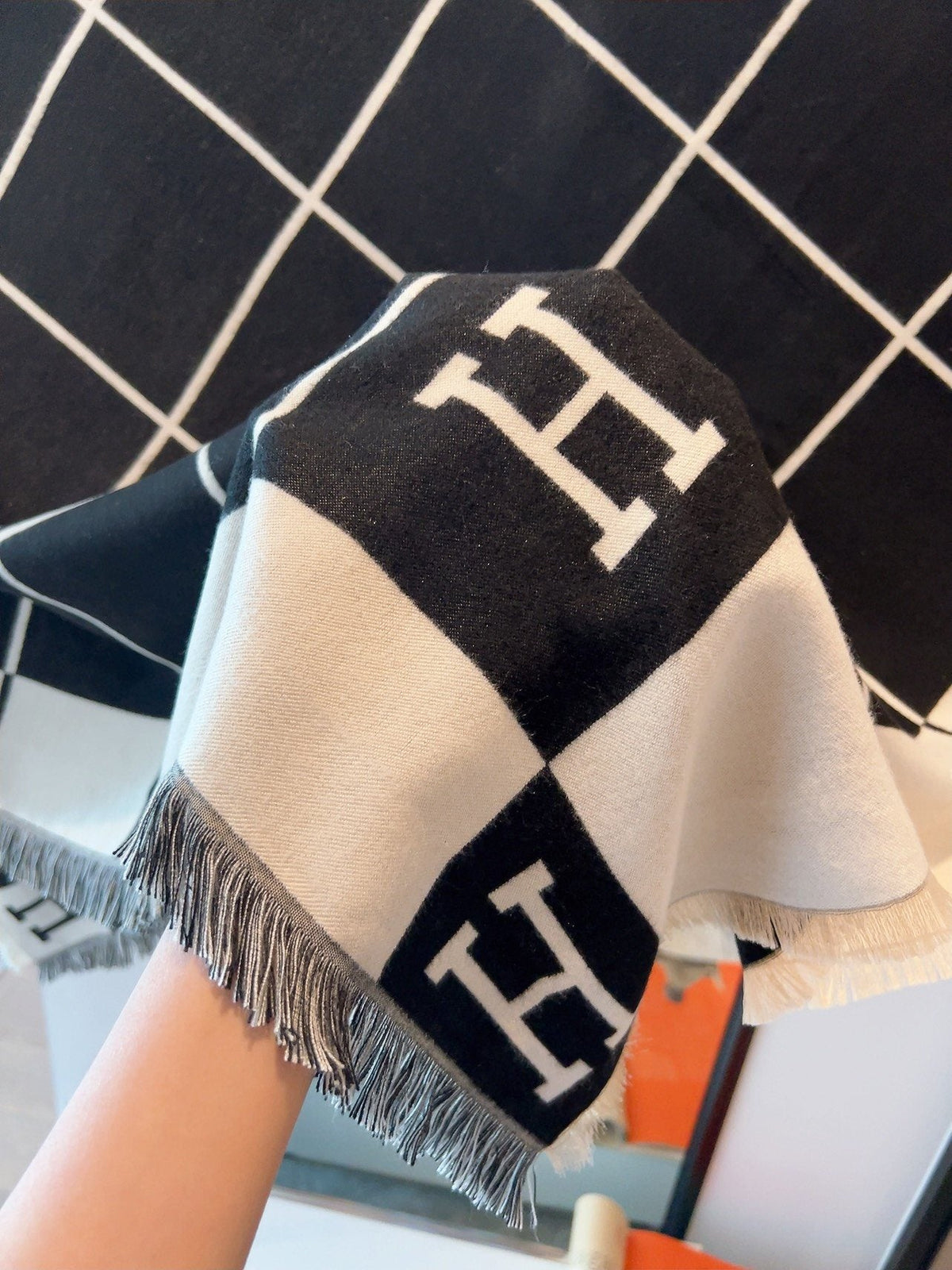Hermès Black & Cream Grid Square Scarf