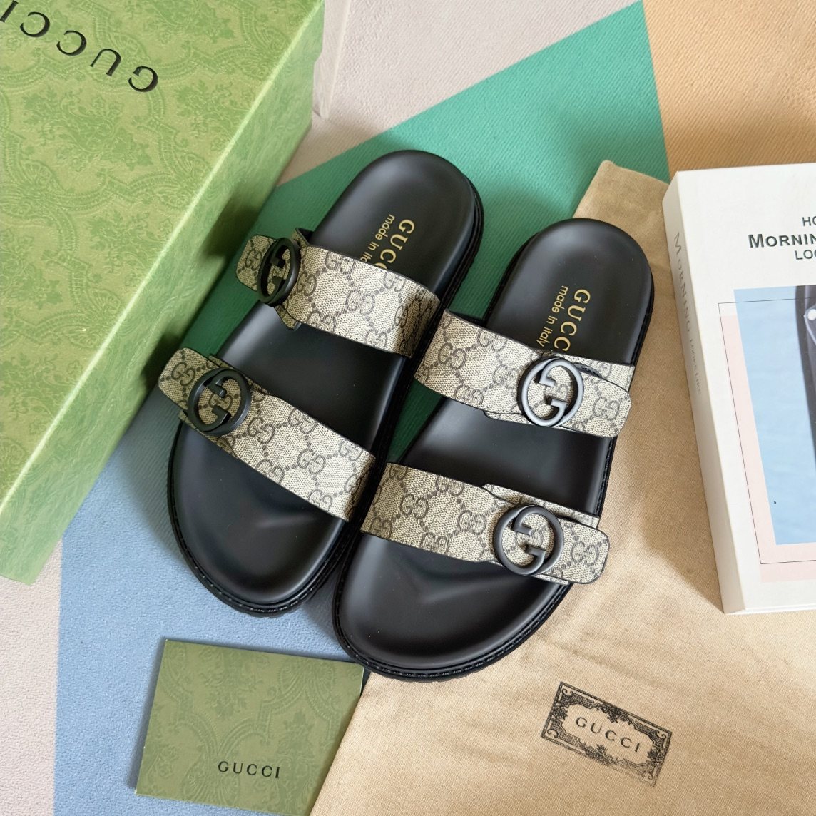 Gucci Monogram Double-Strap Slide Sandals - Black and Beige Monogram