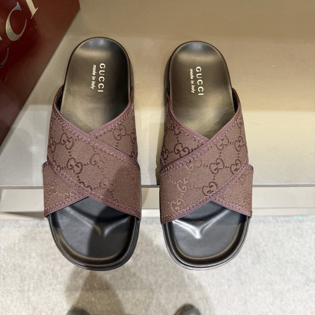 Gucci Men's Patterned Cross-Strap Slide Sandals