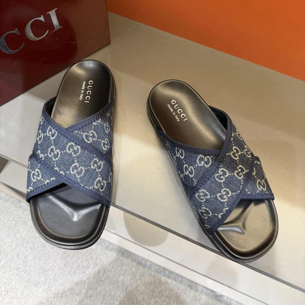 Gucci Men's Patterned Cross-Strap Slide Sandals