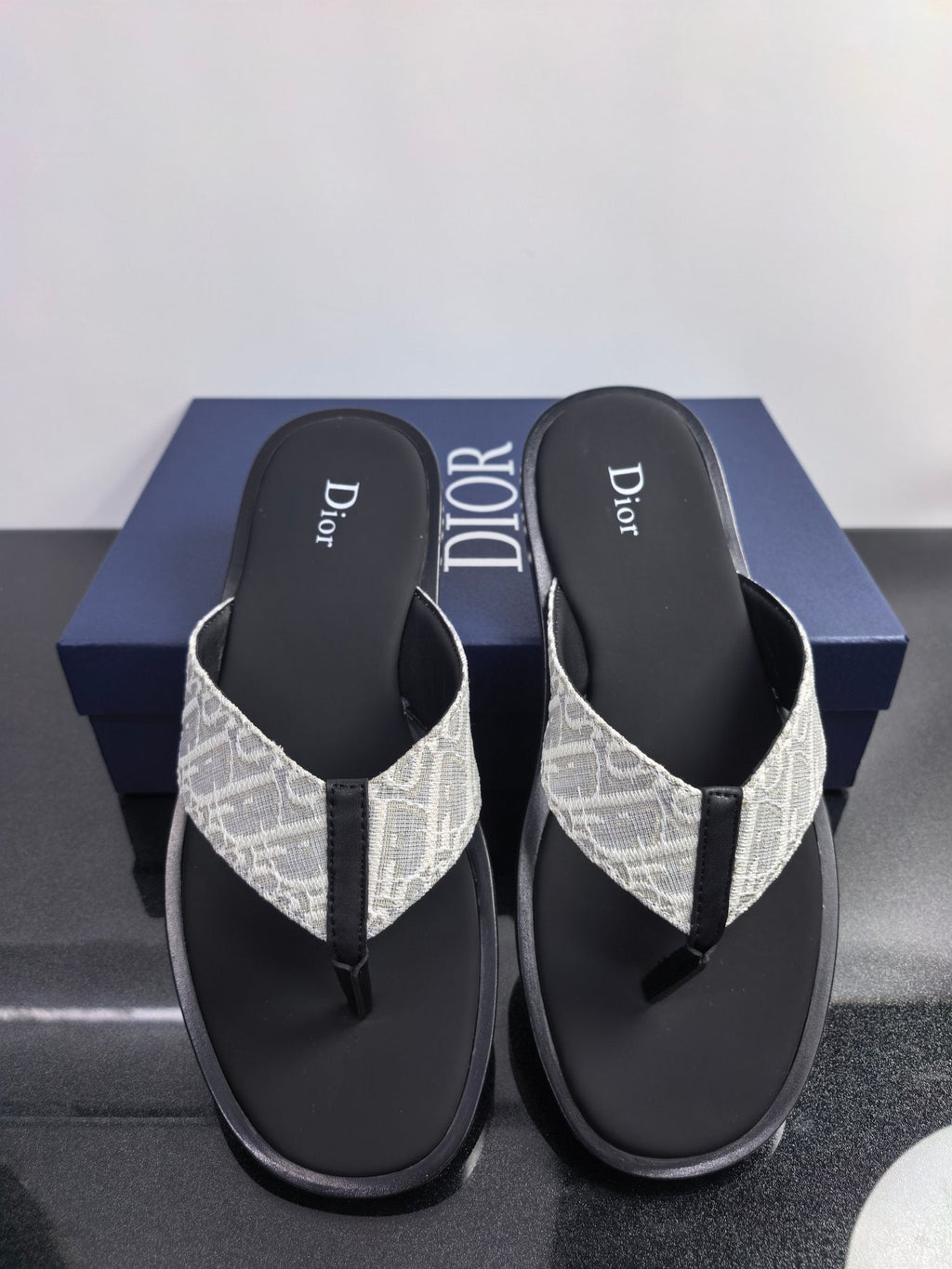Dior Patterned Strap Thong Sandals - Black Footbed