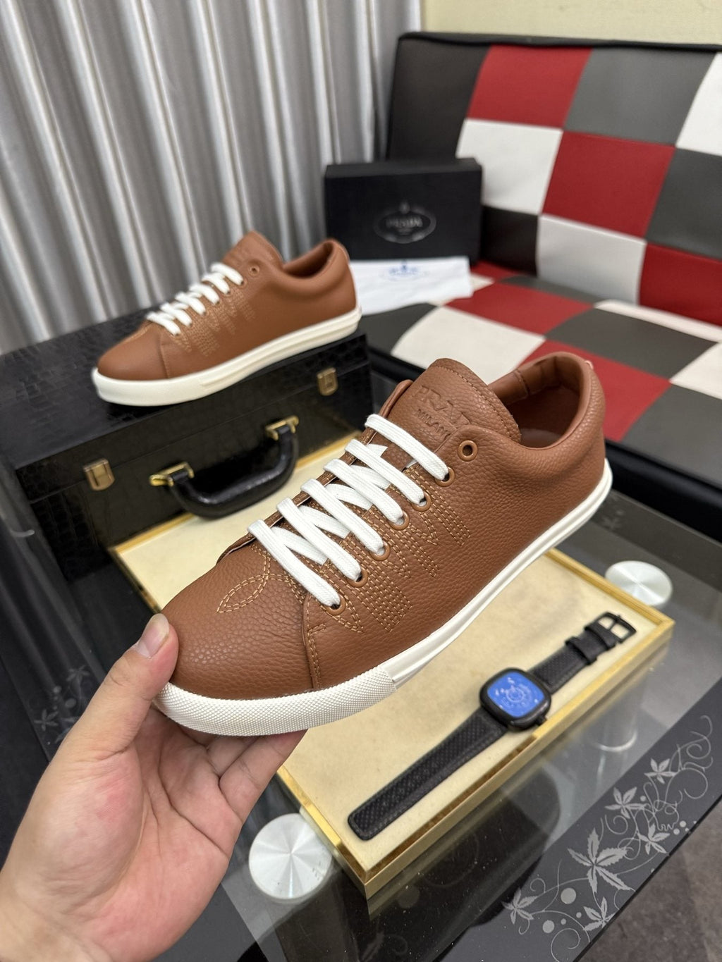 Prada Men's Textured Leather Low-Top Sneakers
