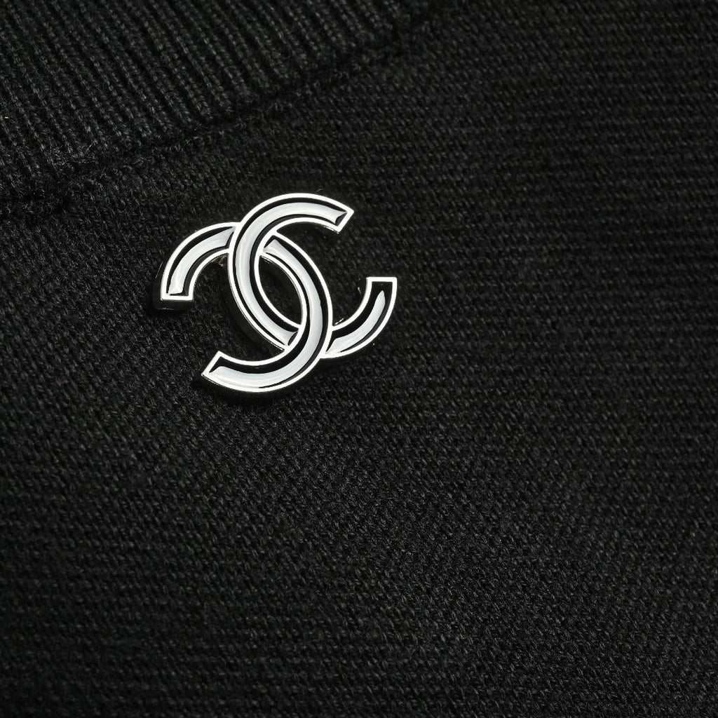 Chanel Double CC Logo Stand Collar Half-Zip Pullover Knit Sweater Black